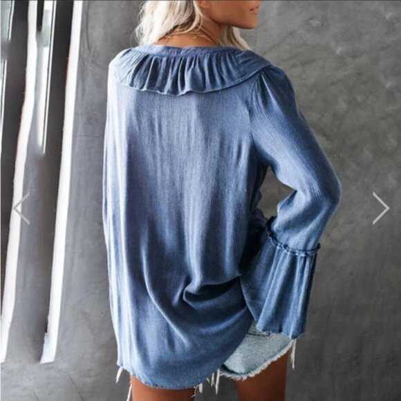 Vici Lace Up Ruffle Oversized Bell Sleeve Blouse S - Picture 2 of 9